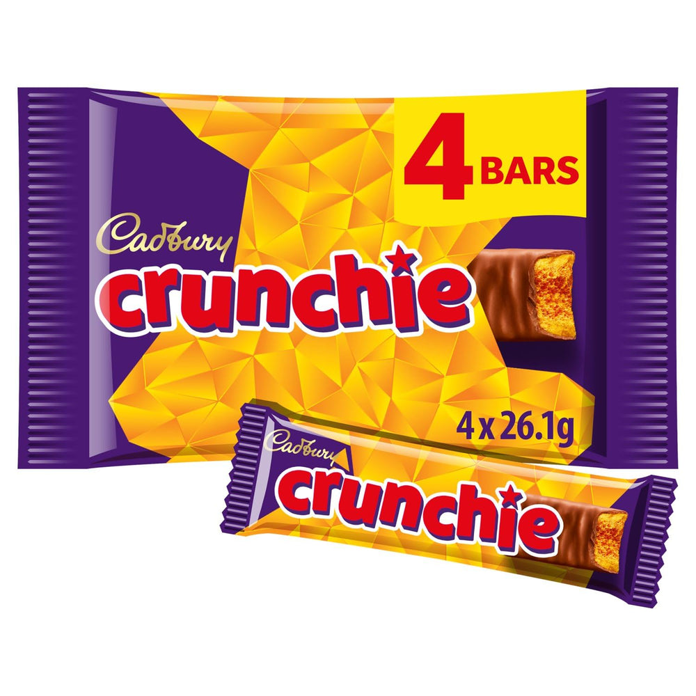 Cadbury Crunchie bars inside; milk chocolate coats honeycomb, ideal afternoon treat at work