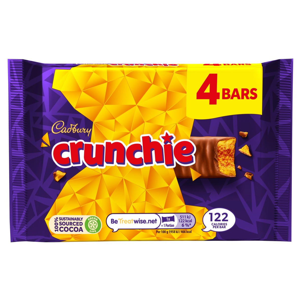 Cadbury Crunchie pack front view with four bars and a honeycomb center