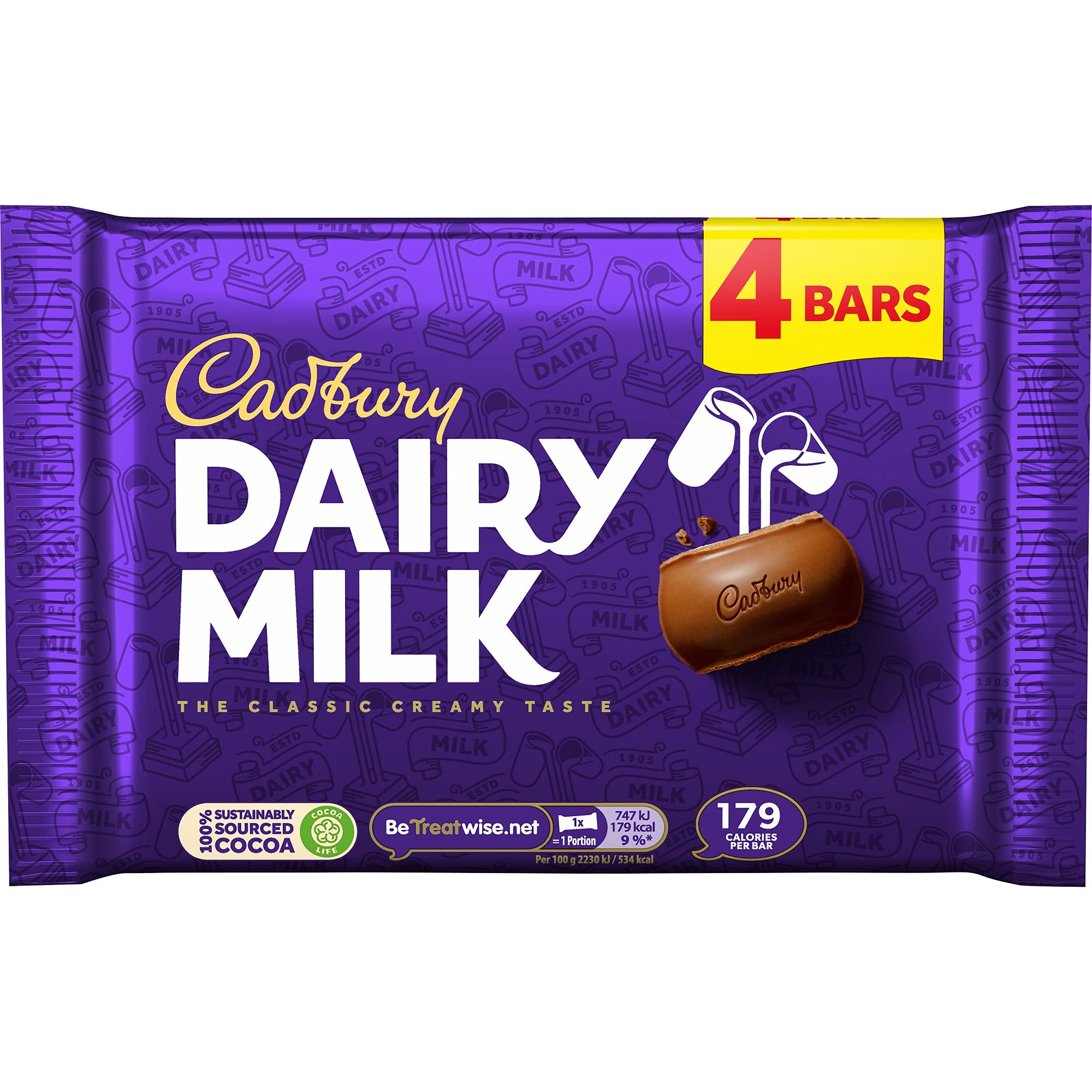 Cadbury Dairy Milk 4pk bar featuring creamy milk chocolate, ideal for sharing or a satisfying personal treat.