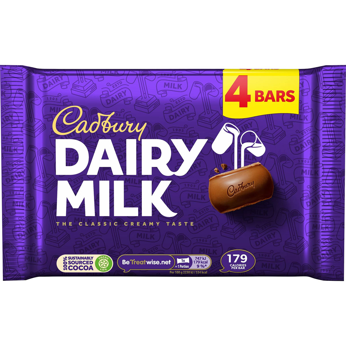Cadbury Dairy Milk 4pk bar featuring creamy milk chocolate, ideal for sharing or a satisfying personal treat.