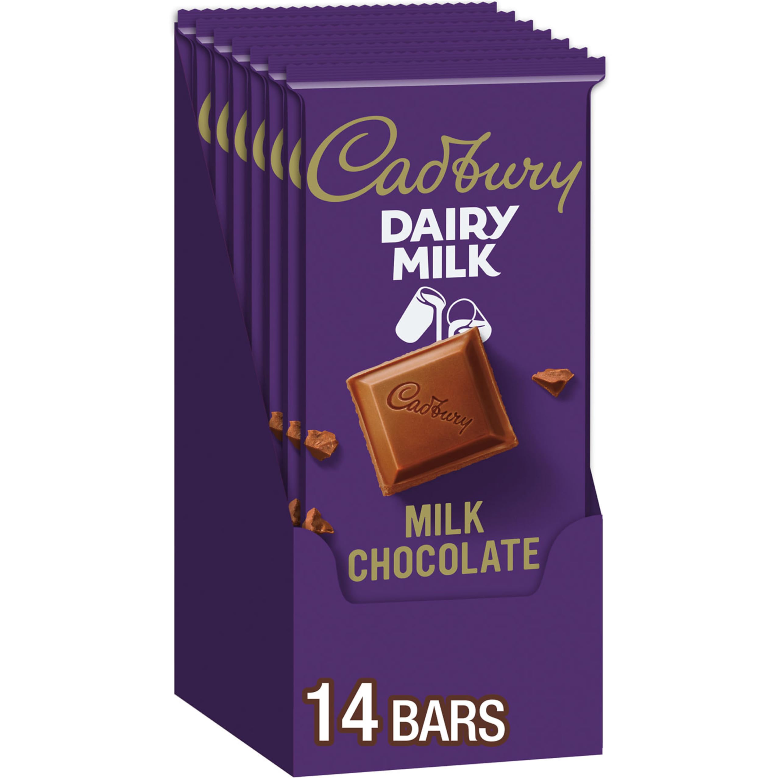 Cadbury Dairy Milk bulk-case image showing fourteen bars ready to share.