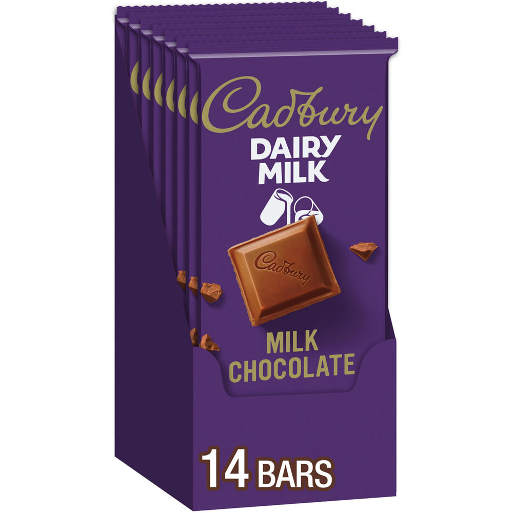 Cadbury Dairy Milk bulk-case image showing fourteen bars ready to share.