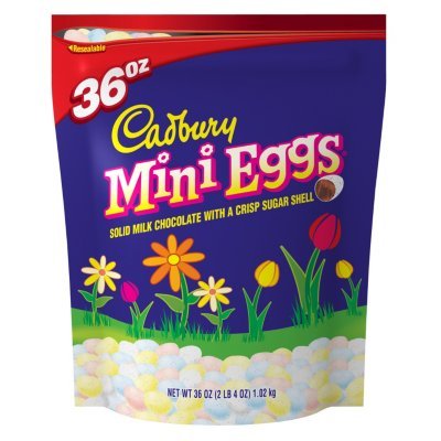 Cadbury Mini Eggs solid milk chocolate with crisp sugar shell in a 36-ounce resealable bag, ideal for sharing.
