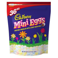 Cadbury Mini Eggs solid milk chocolate with crisp sugar shell in a 36-ounce resealable bag, ideal for sharing.