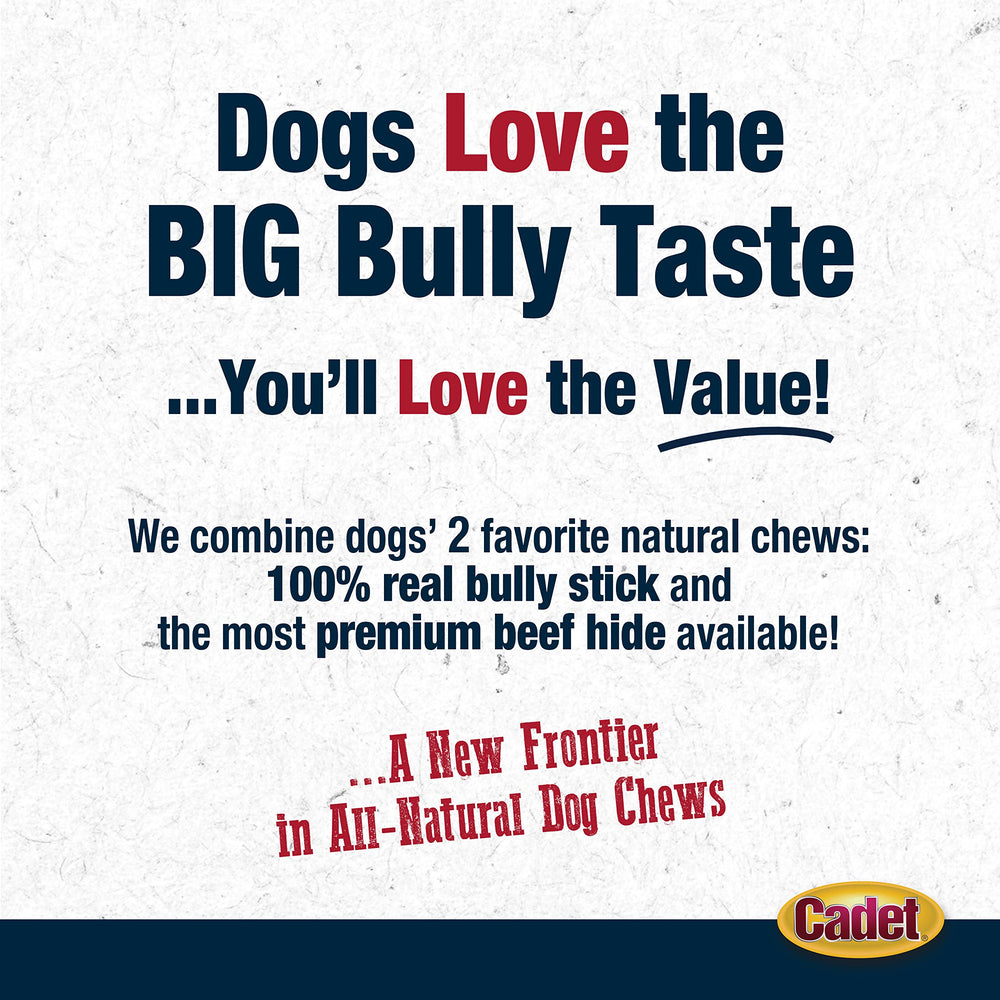 Cadet premium beef hide wrapped with real bully stick for twice the flavor.