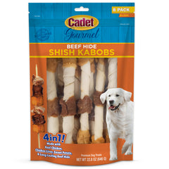 Cadet Gourmet Shish Kabob chews for large dogs with real beef hide and chicken, a tasty long-lasting chew.