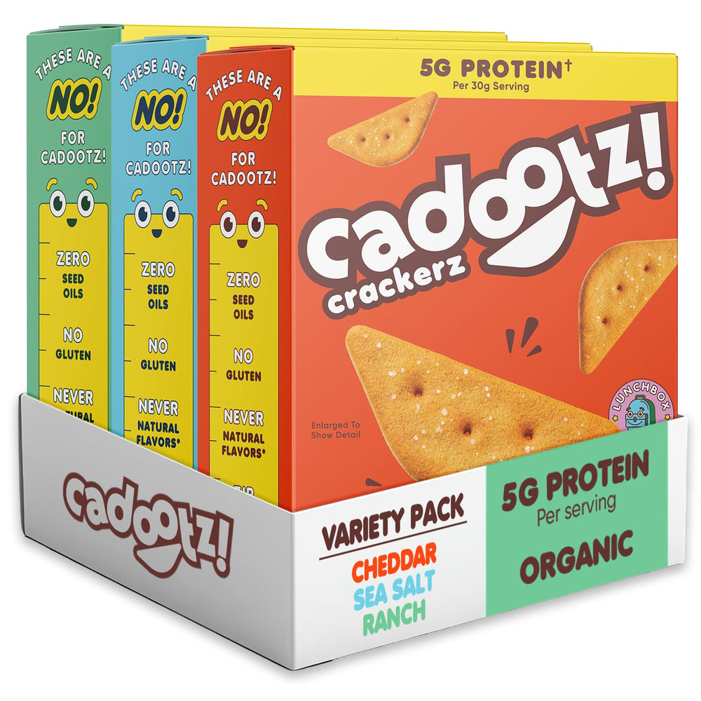 cadootz variety pack crackers in packshot showing kid-friendly protein snack