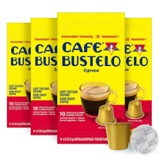 Cafe Bustelo dark roast capsule boxes ready for quick espresso at home