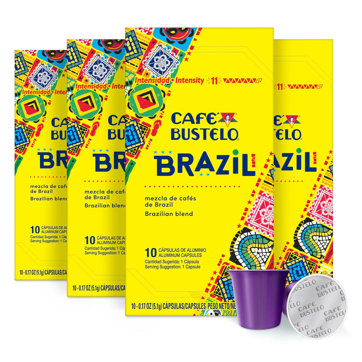 Cafe Bustelo Brazil Blend capsules on shelf showcasing bold authentic flavor.