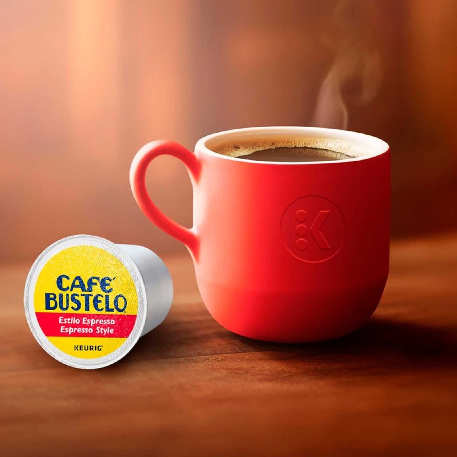 Morning kitchen scene with Cafe Bustelo K-Cups, ideal for quick coffee.