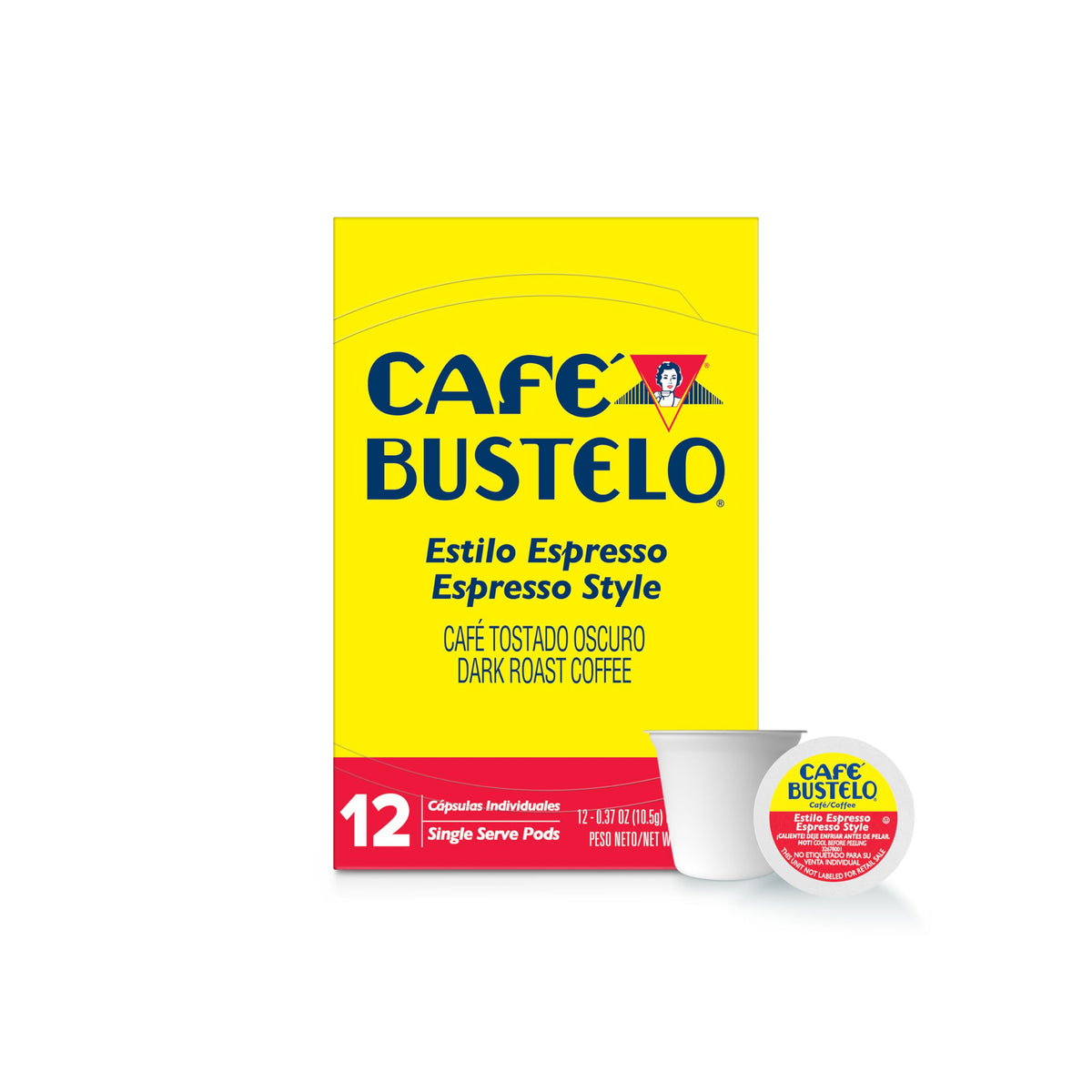 Cafe Bustelo espresso style dark roast K-Cup pods box for bold mornings