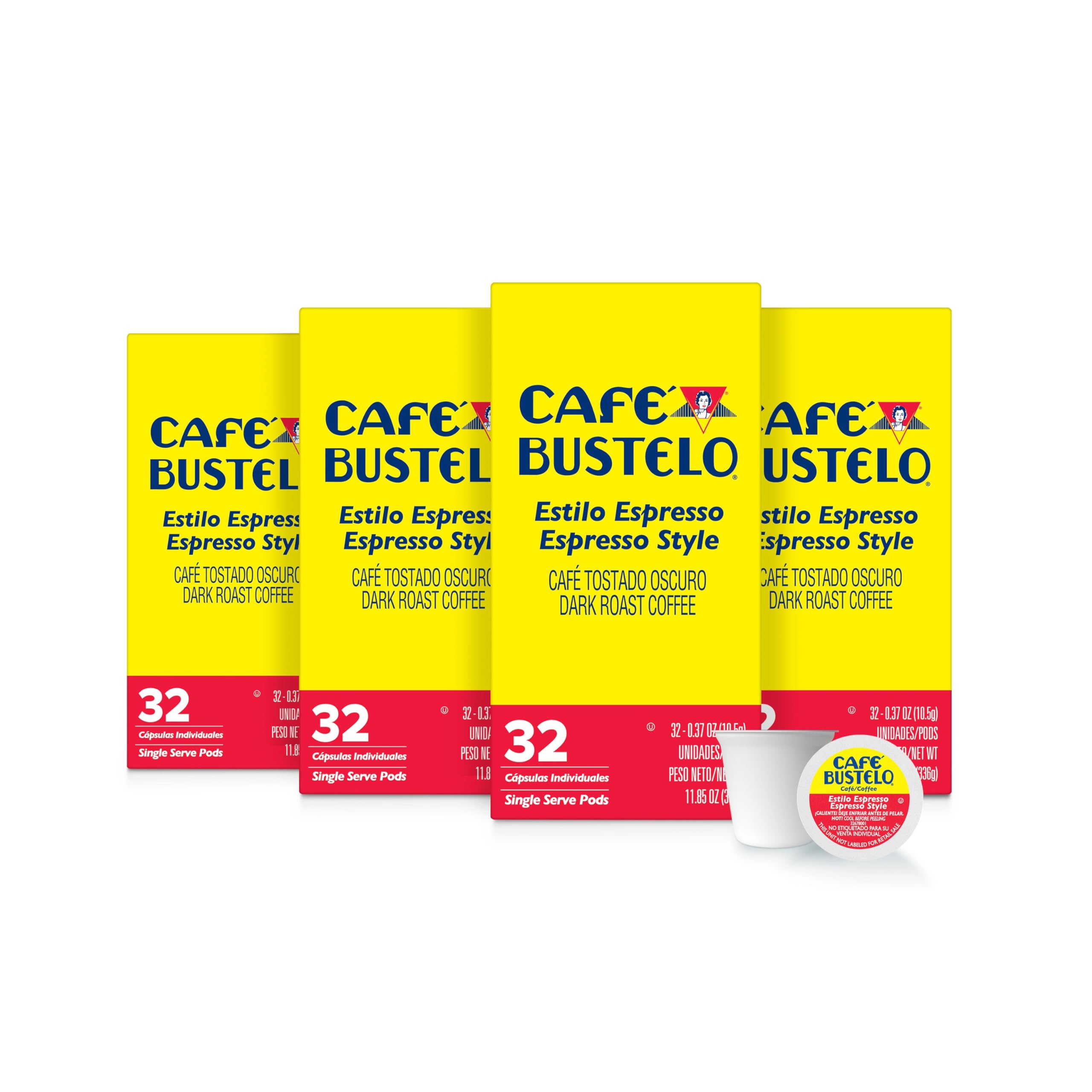 Cafe Bustelo espresso-style dark roast pods in a four-pack box, ideal for quick mornings