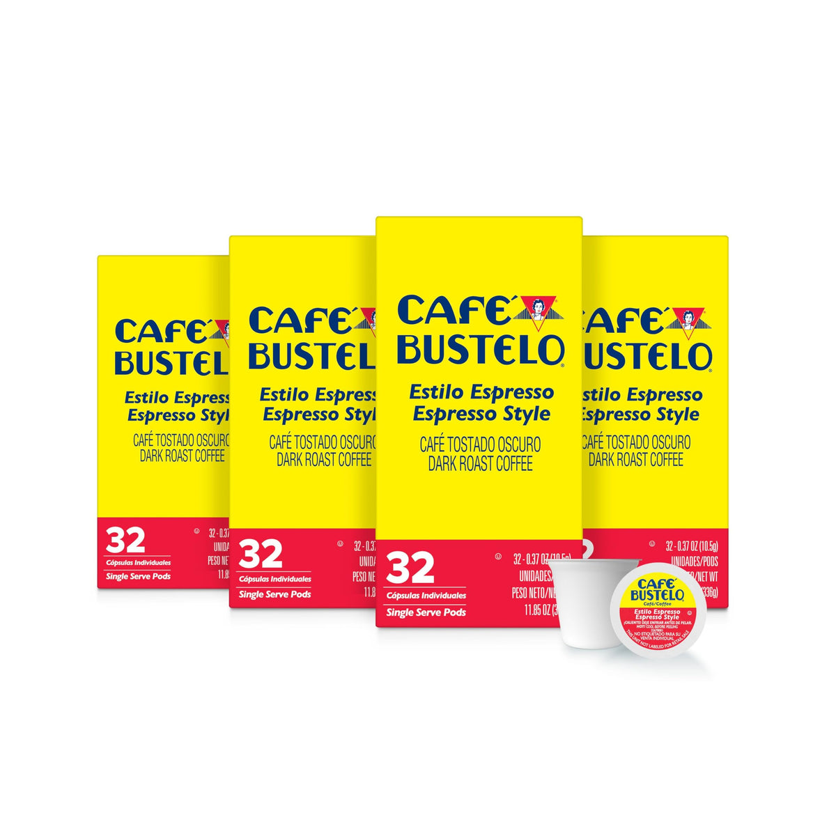 Cafe Bustelo espresso-style dark roast pods in a four-pack box, ideal for quick mornings