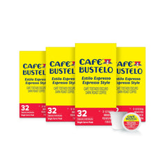 Cafe Bustelo espresso-style dark roast pods in a four-pack box, ideal for quick mornings
