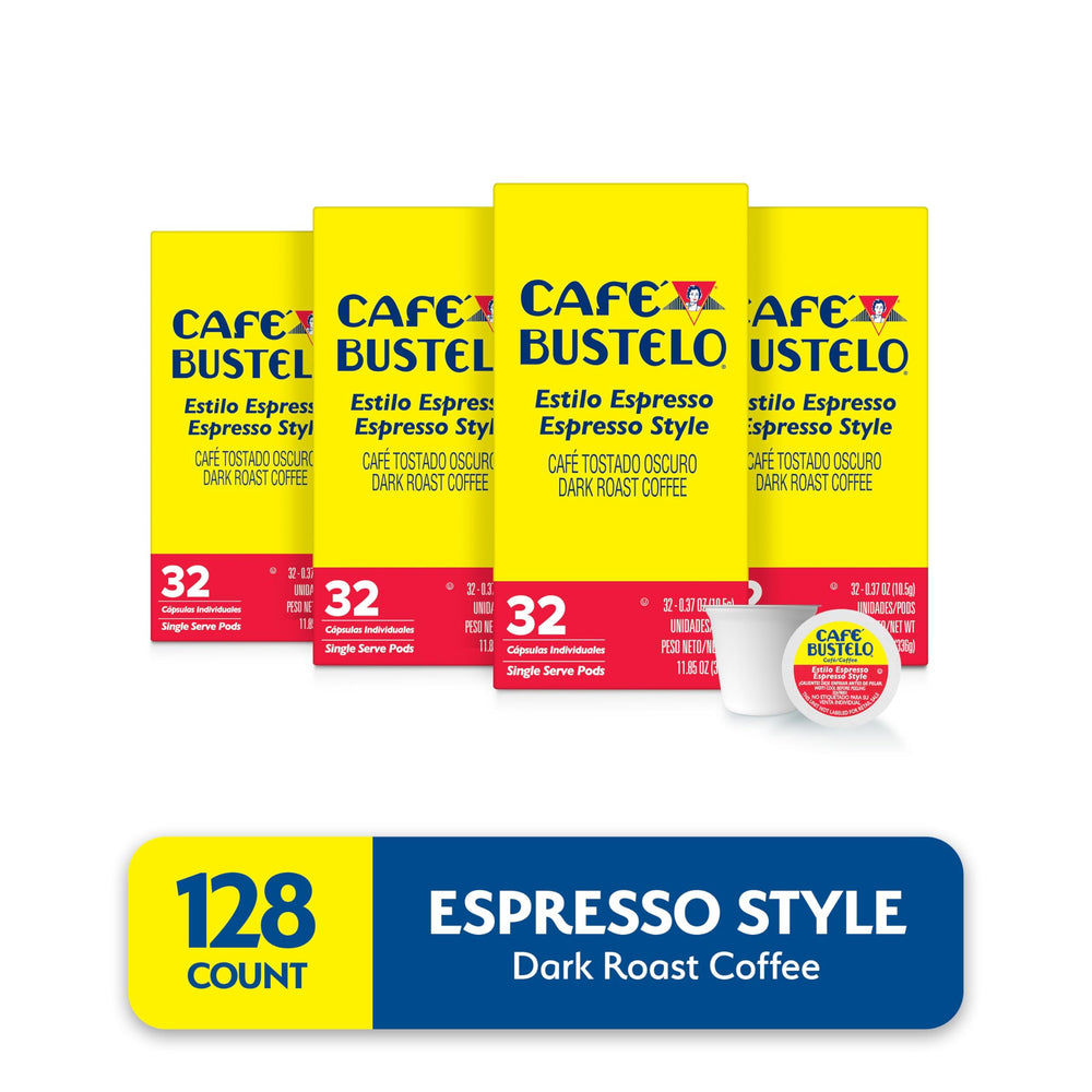 Cafe Bustelo espresso pods dispensing into a cup for bold versatile brew