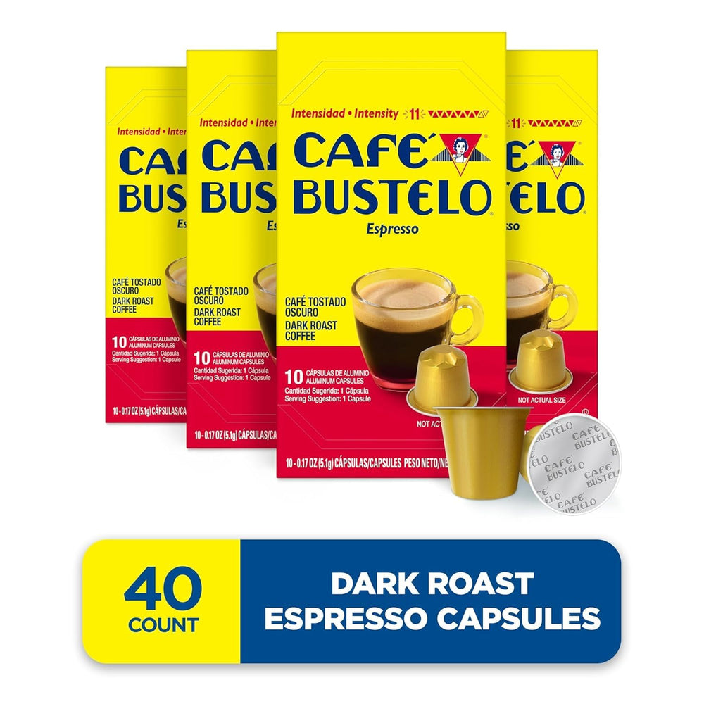 Cafe Bustelo dark roast capsules shown with Original Line compatibility for brews