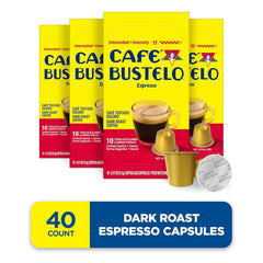 Cafe Bustelo dark roast capsules shown with Original Line compatibility for brews