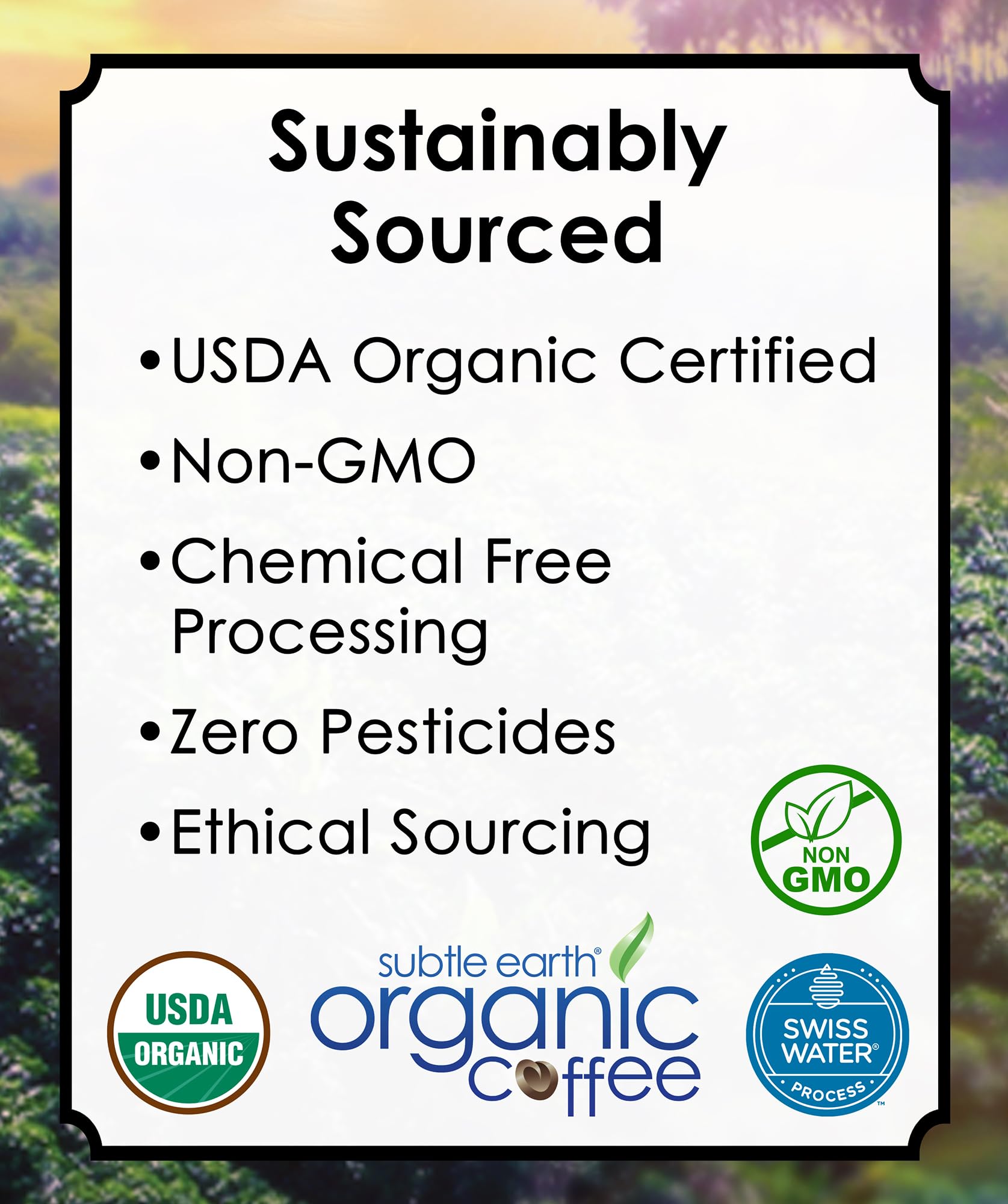 Cafe Don Pablo Subtle Earth Decaf bag displays USDA organic certification for a responsible choice.