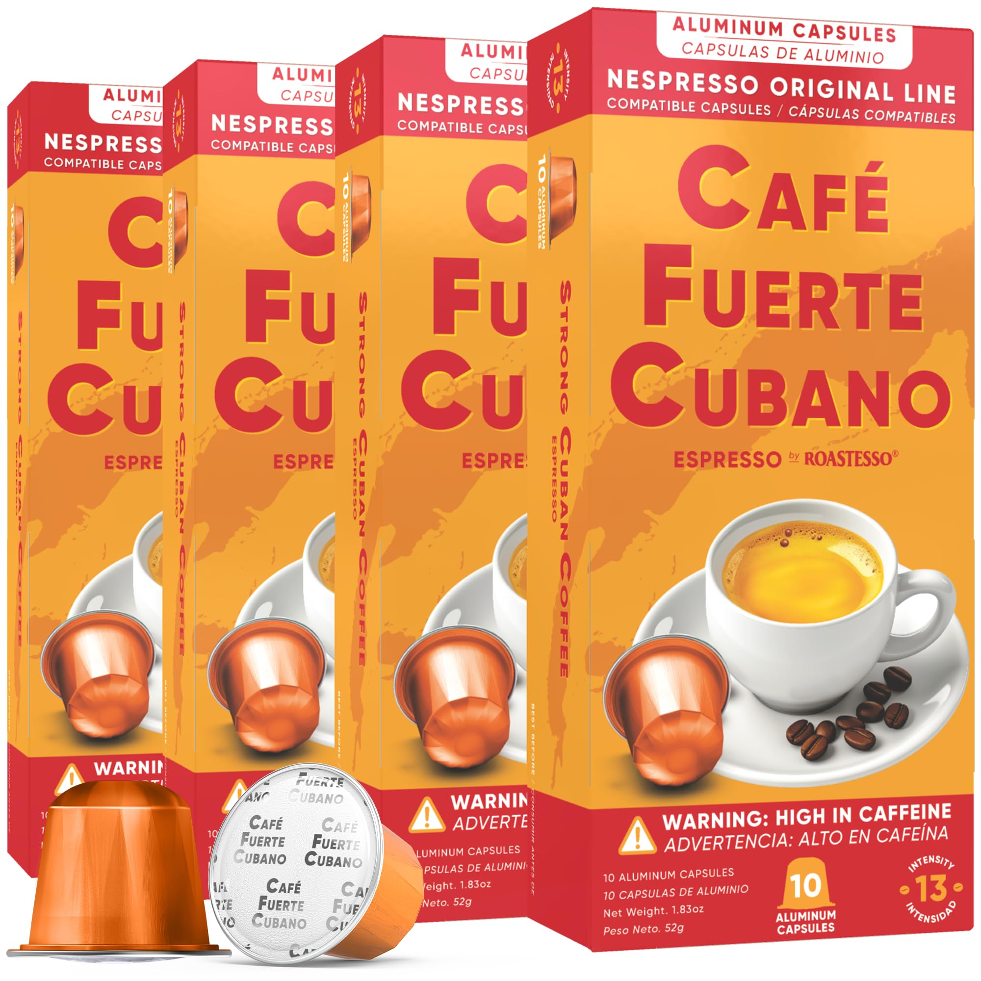 Cafe Fuerte Cubano aluminum capsules seal freshness for rich crema espresso.