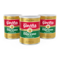 Café Gaviña Decaf Espresso Roast cans preserve freshness for bold decaf coffee