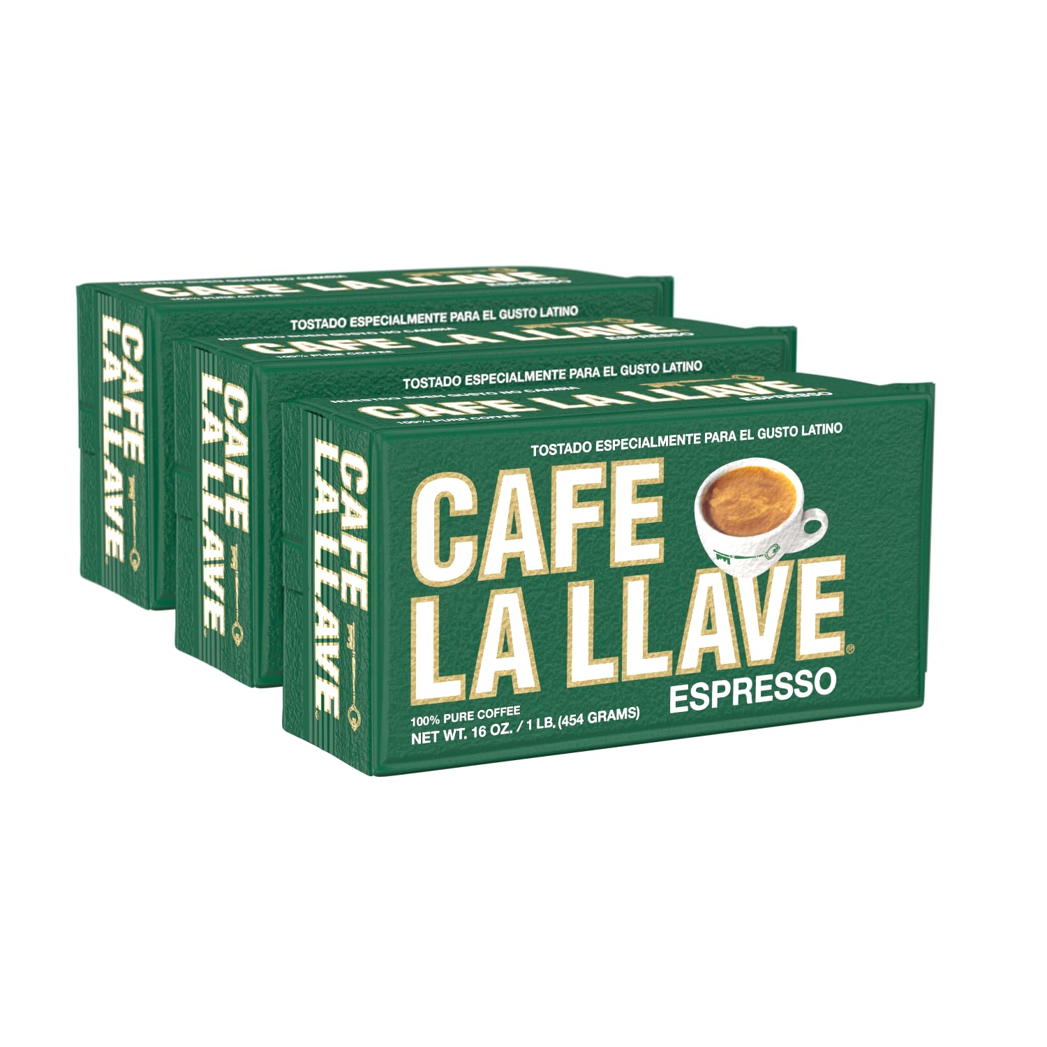 Cafe La Llave dark roast brick packaging signals bold Cuban-style flavor for moka or espresso.