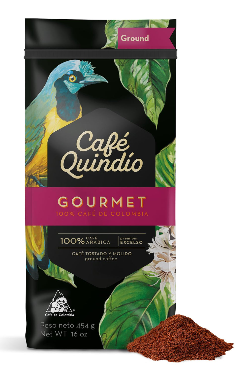 Cafe Quindio medium roast ground arabica coffee 16oz bag, ideal for home brewing