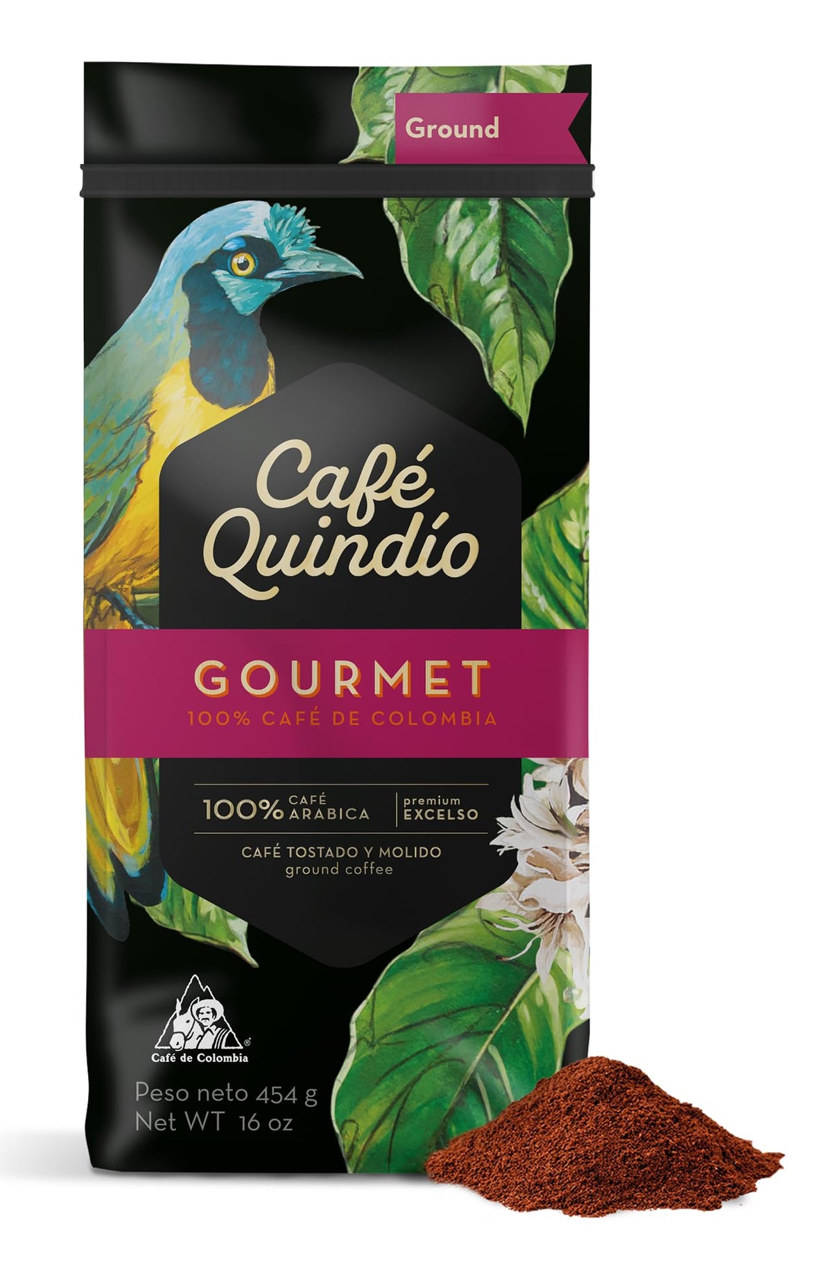 Cafe Quindio medium roast ground arabica coffee 16oz bag, ideal for home brewing