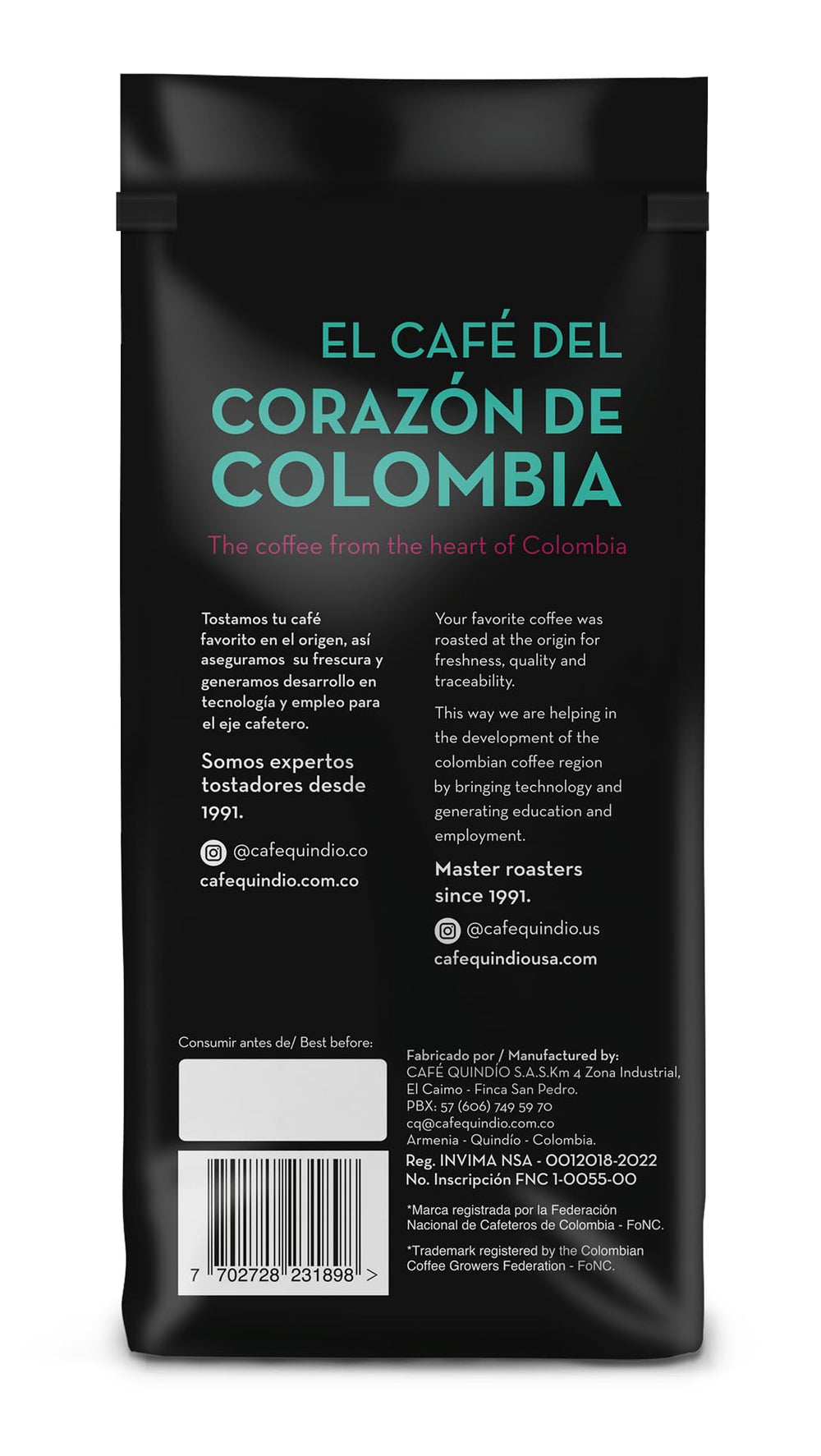Cafe Quindio sustainability and traceability banner, emphasizing ethical sourcing