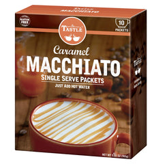 Café Tastlé caramel macchiato drizzle over ice for refreshing treat.