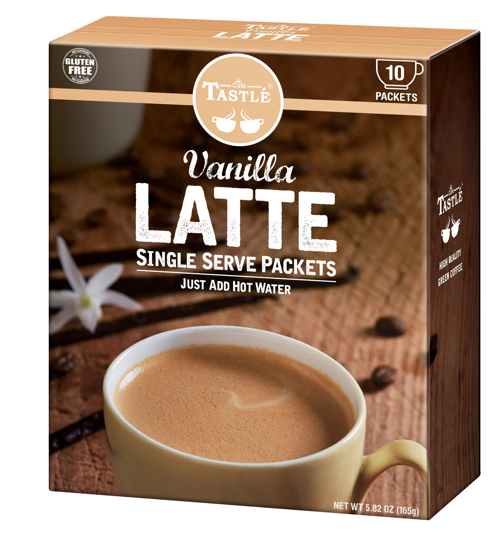 Café Tastlé vanilla latte glass highlighting smooth vanilla aroma.