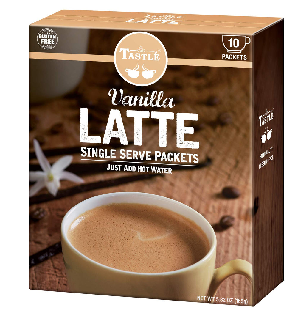 Café Tastlé vanilla latte glass highlighting smooth vanilla aroma.