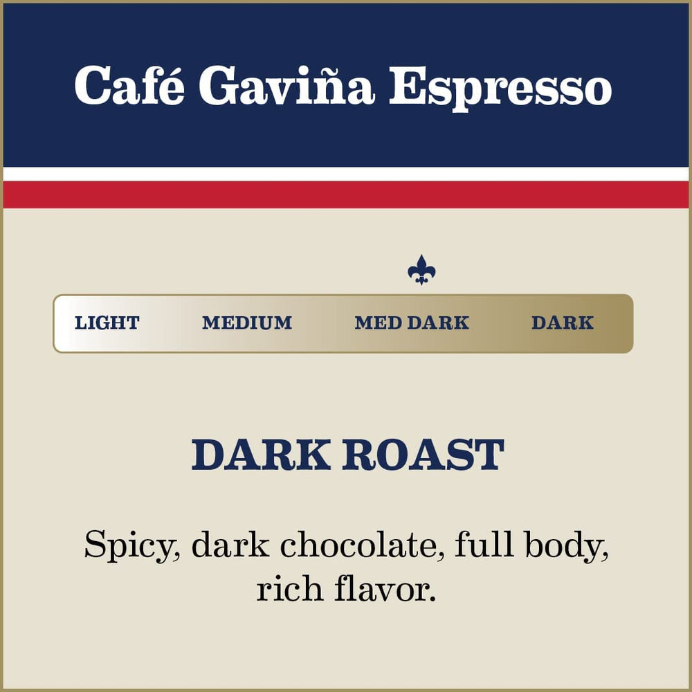 Café Gaviña espresso shot pouring crema with dark roast notes.