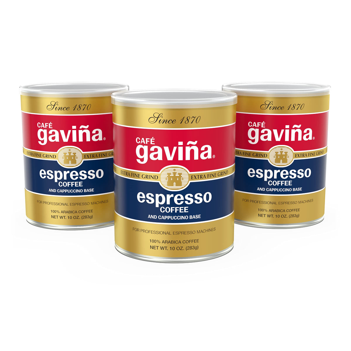Café Gaviña Espresso Roast extra fine ground coffee can label highlighting bold flavor and crema potential.