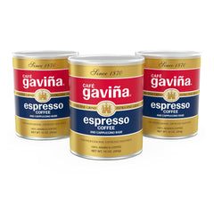 Café Gaviña Espresso Roast extra fine ground coffee can label highlighting bold flavor and crema potential.