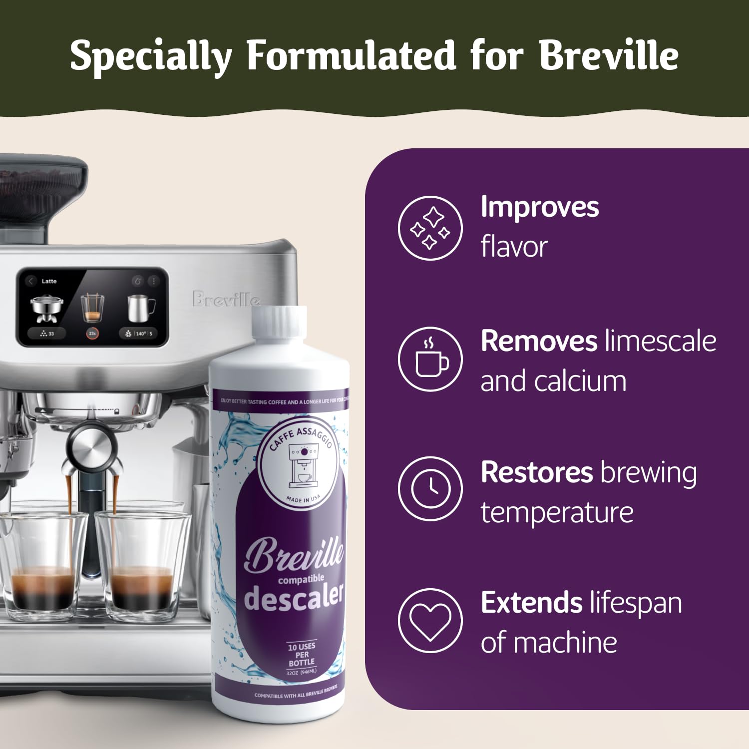 Instruction card for Caffe Assaggio Breville Descaler explains simple steps