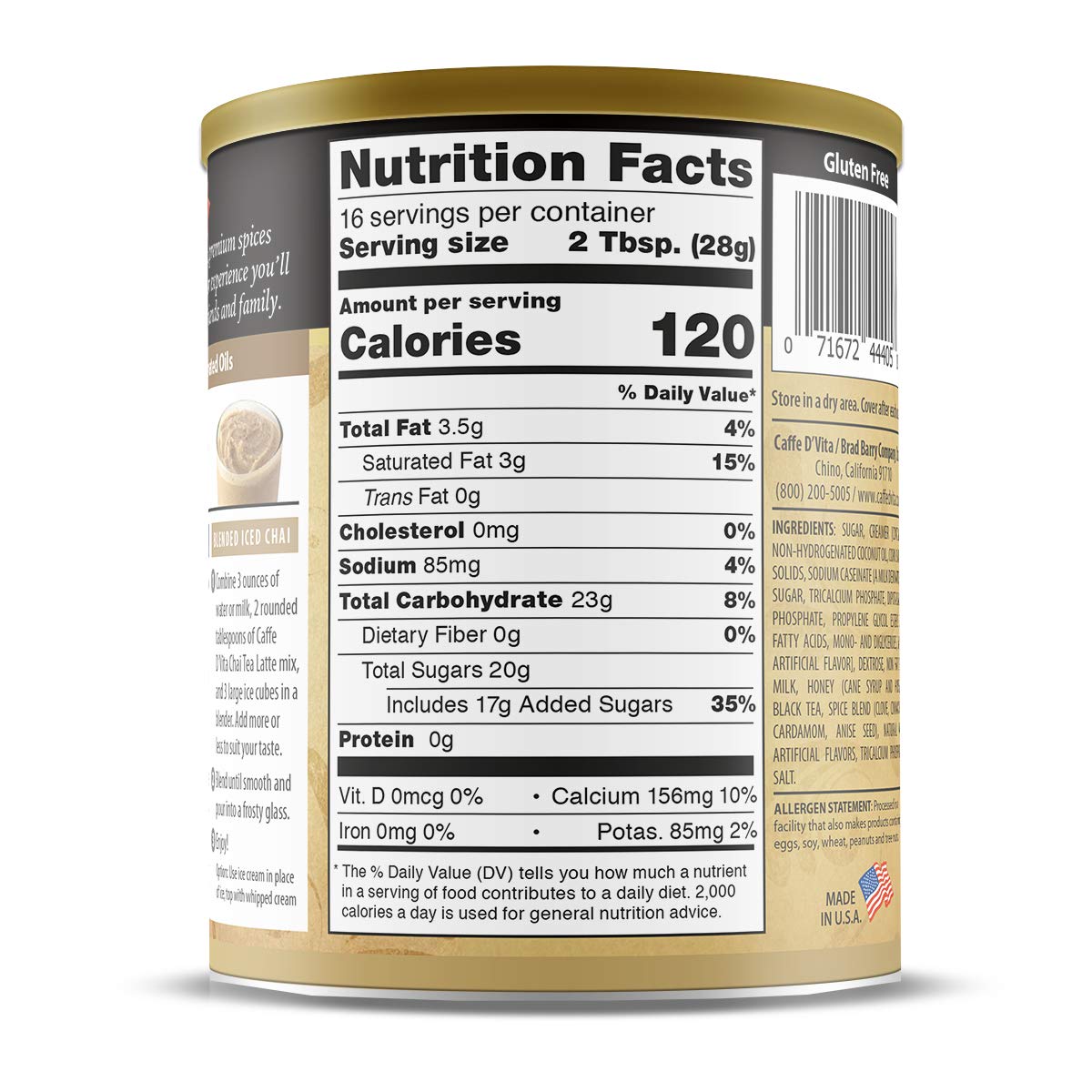 Caffe D'Vita Spiced Chai Latte can back highlights gluten-free and cholesterol-free ingredients.