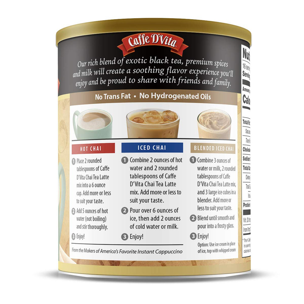 Caffe D'Vita Spiced Chai Latte tin promotes quick, convenient preparation.