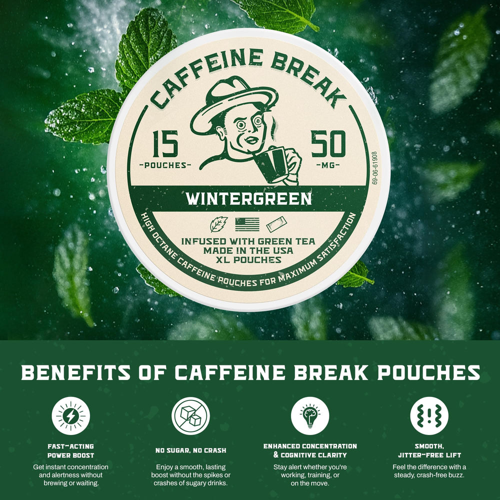 Caffeine Break Wintergreen packaging emphasizes long-lasting flavor.