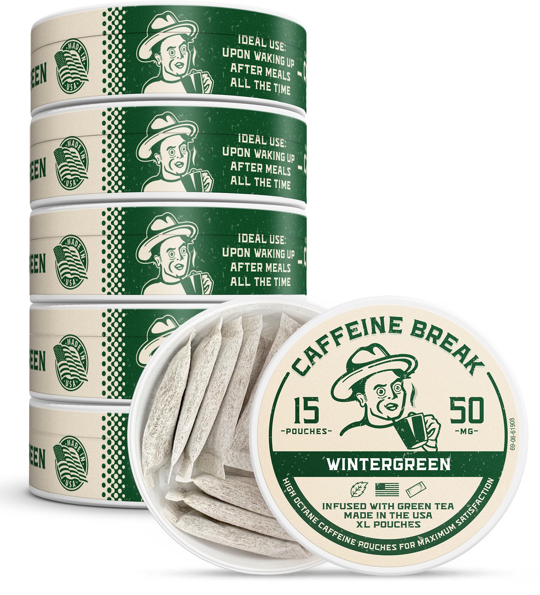 Caffeine Break Wintergreen pouch close-up shows bold flavor and clean energy.