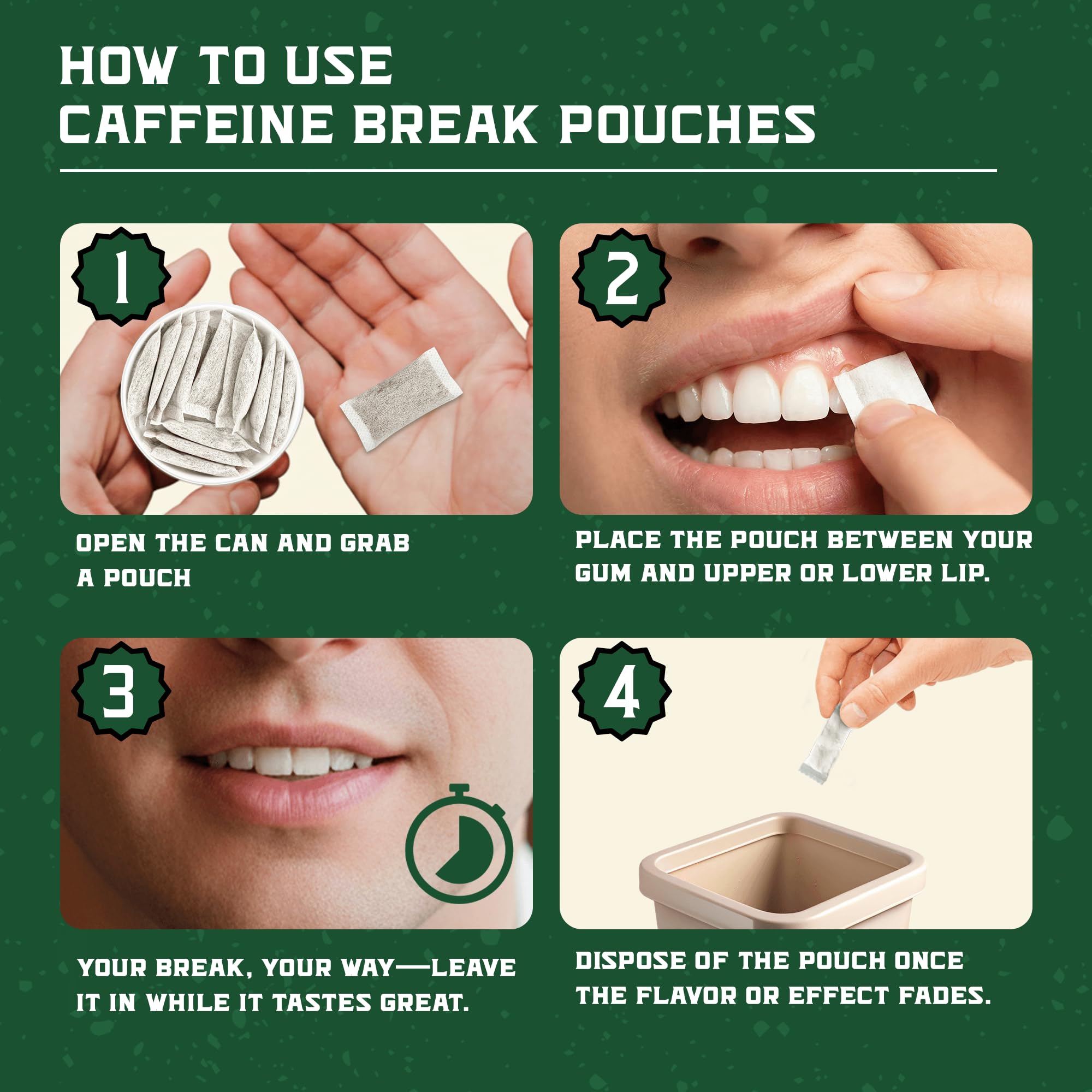 Caffeine Break Wintergreen pouch open for on-the-go energy and focus.