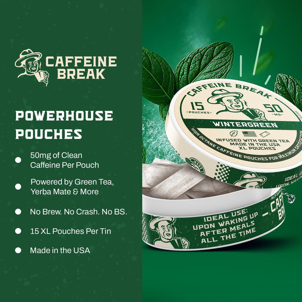 Caffeine Break Wintergreen pouches in use illustrate smooth energy lift.