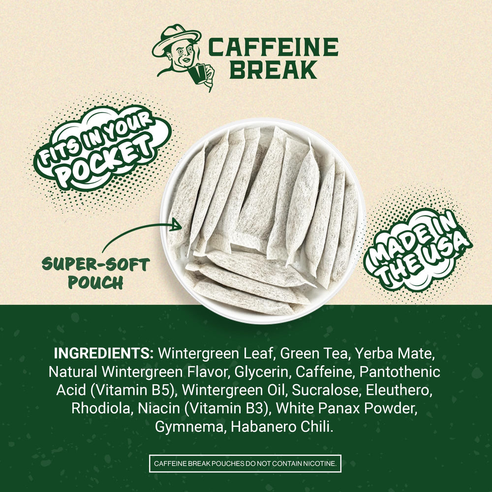 Caffeine Break Wintergreen tin front highlighting USA-made quality.