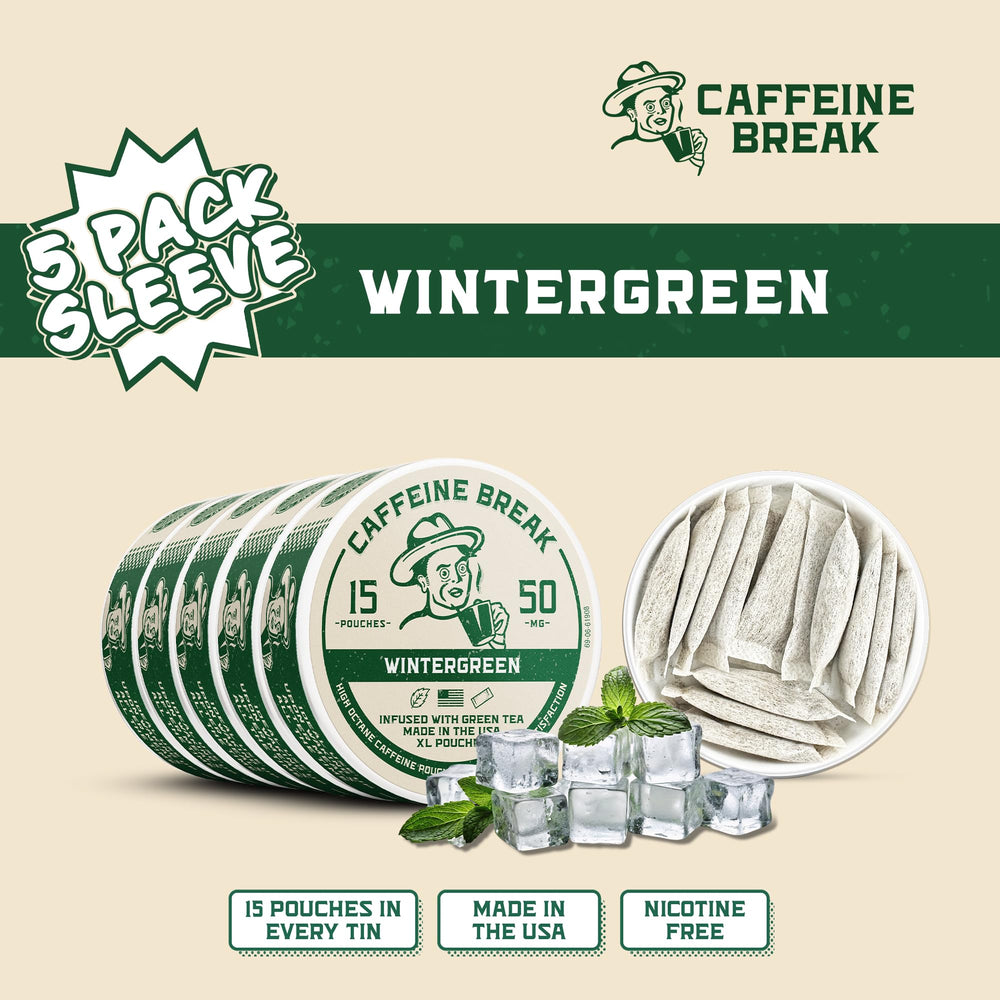 Caffeine Break Wintergreen tin in pocket for portable energy.