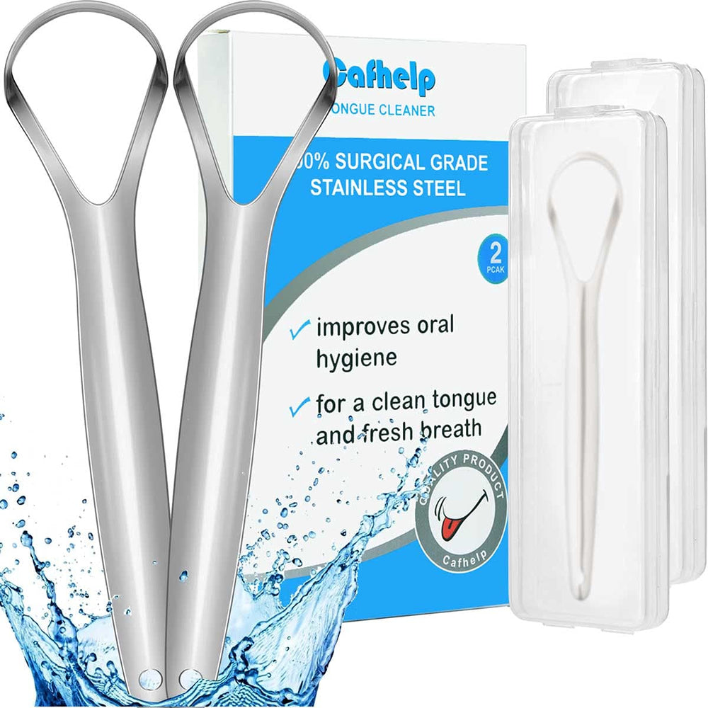Cafhelp tongue scraper with double-side curved head for thorough cleaning.