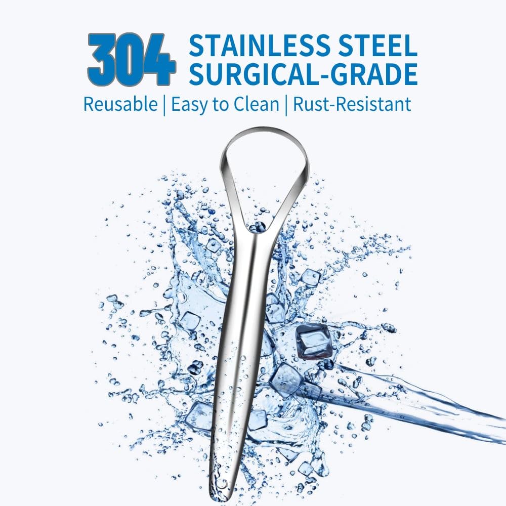 Cafhelp tongue scraper in surgical stainless steel for lasting hygiene.