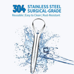 Cafhelp tongue scraper in surgical stainless steel for lasting hygiene.