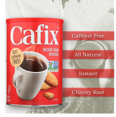Cafix caffeine-free coffee substitute in cup, perfect for any time.