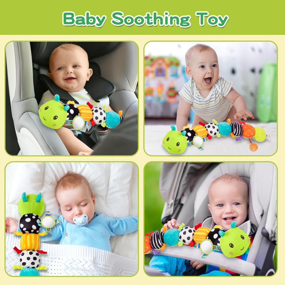 CAHILON caterpillar rattle and squeaker enhance auditory discovery during car rides.
