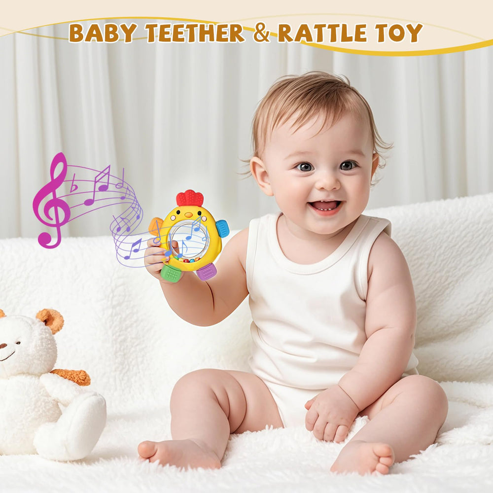 CAHILON chick-shaped teether grip handle aids tiny hands during use