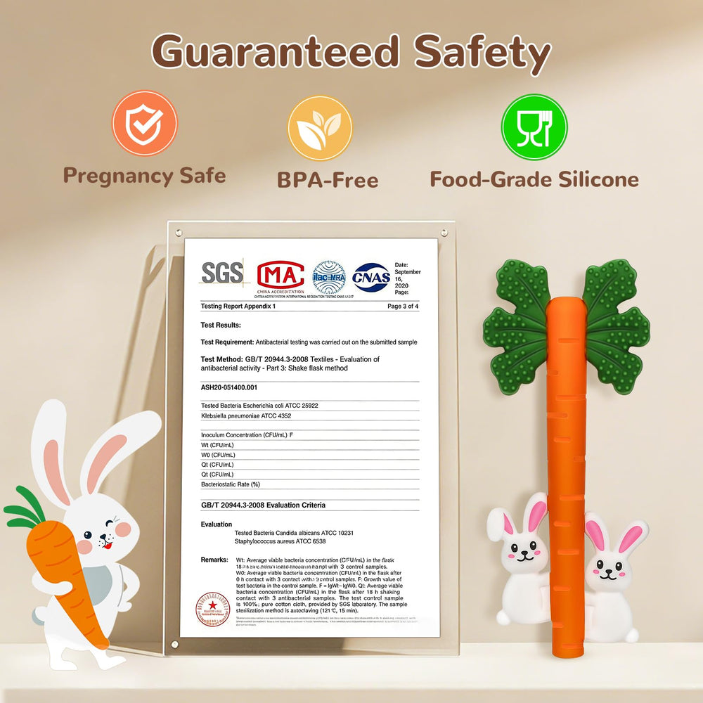 CAHILON Easter Carrot Teether, front view bright design keeps baby engaged.